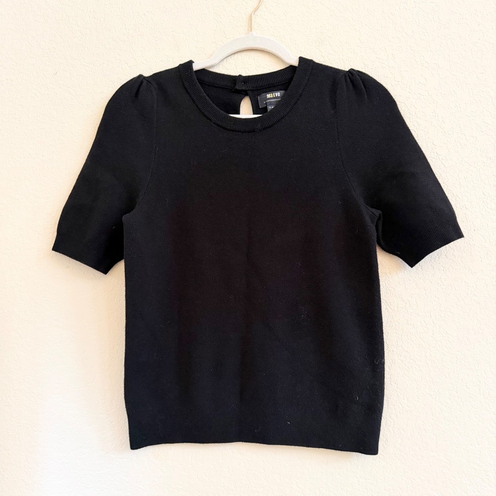 Maeve Anthropologie Black Puff Short Sleeve Keyhole Back Knit Sweater Top XS